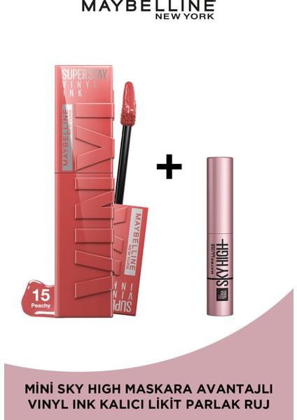 Maybelline New York Super Stay Vinyl Ink Uzun Süre Kalıcı Likit Parlak Ruj 15 Peachy + Sky High Mini Maskara