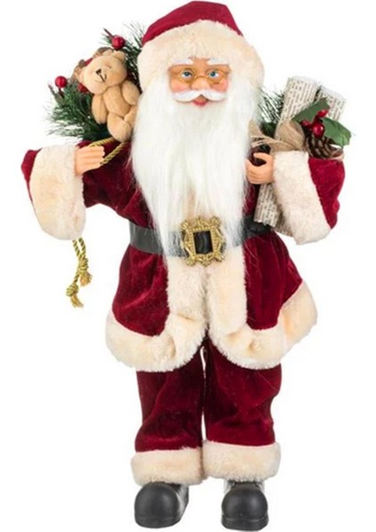 Yılbaşı Süsü Noel Baba Biblo Figür Büyük Boy 45CM - Peluş Ayılı Hediye Çuvalı ve Aksesuarları ile