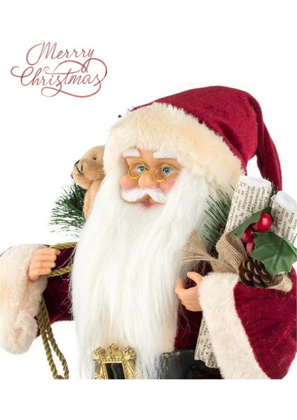 Yılbaşı Süsü Noel Baba Biblo Figür Büyük Boy 45CM - Peluş Ayılı Hediye Çuvalı ve Aksesuarları ile