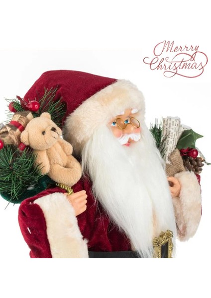 Yılbaşı Süsü Noel Baba Biblo Figür Büyük Boy 45CM - Peluş Ayılı Hediye Çuvalı ve Aksesuarları ile