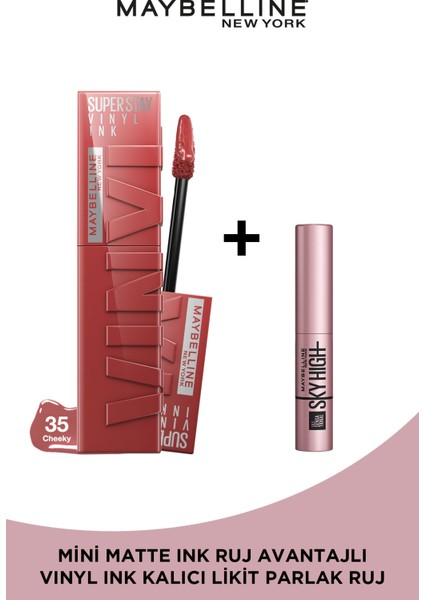 Super Stay Vinyl Ink Uzun Süre Kalıcı Likit Parlak Ruj 35 Cheeky + Sky High Mini Maskara