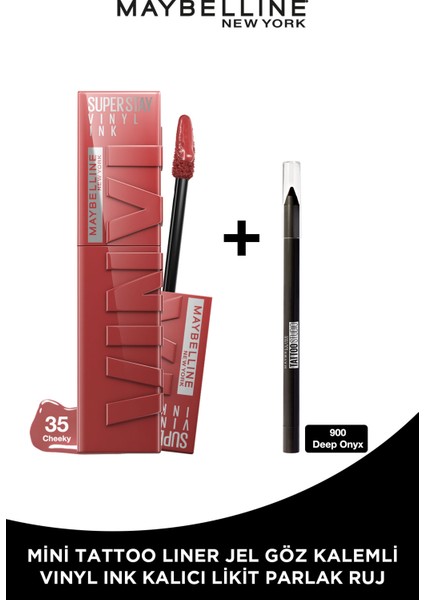 Super Stay Vinyl Ink Uzun Süre Kalıcı Likit Parlak Ruj 35 Cheeky + Tat Liner Gel Pencil Göz Kalemi Mini