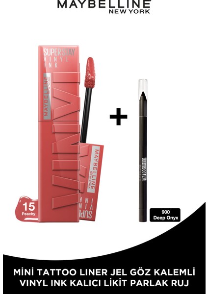 Maybelline New York Super Stay Vinyl Ink Uzun Süre Kalıcı Likit Parlak Ruj 15 Peachy + Tat Liner Gel Pencil Göz Kalemi Mini