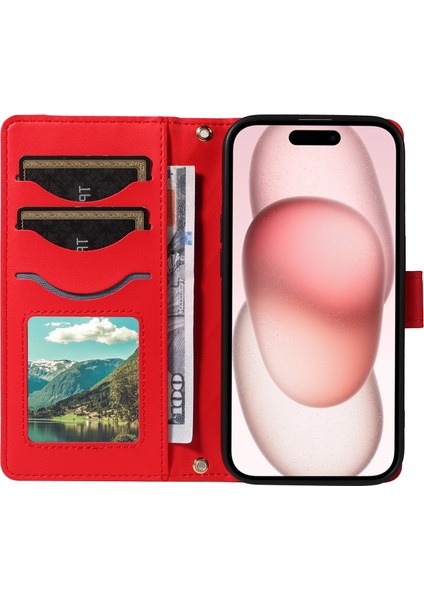 Anti-Düşen Telefon Kılıfı iPhone 15 Kılıf 3 Kart Yuvası Cüzdan Eşkenar Dörtgen Deri Telefon Kapak Omuz Askısı Bilek Kayışı-Kırmızı (Yurt Dışından) modelleri