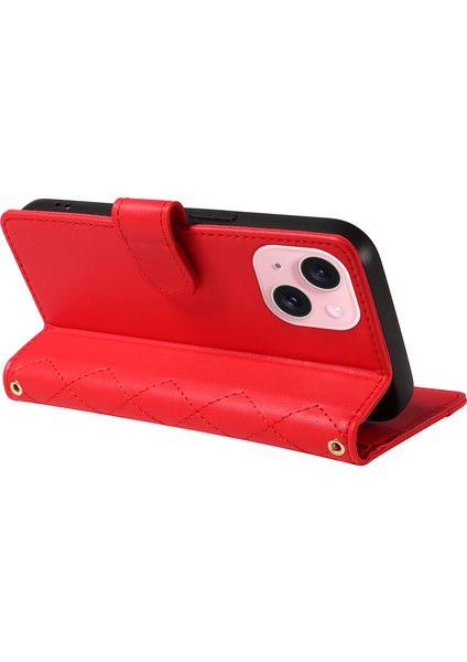 Anti-Düşen Telefon Kılıfı iPhone 15 Kılıf 3 Kart Yuvası Cüzdan Eşkenar Dörtgen Deri Telefon Kapak Omuz Askısı Bilek Kayışı-Kırmızı (Yurt Dışından) indirimleri