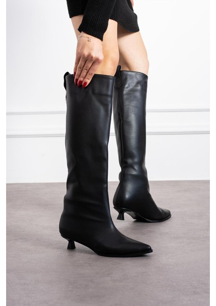 Lussi Kadın Çizme Ince Kısa Topuklu Siyah Deri
