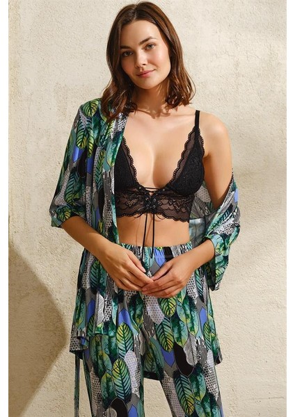 Kadın Viskon Yaprak Baskılı Sabahlık Balensiz Desteksiz Dolgusuz Dantelli Bralet Sütyen ve Pantolon Pijama 3'lü Takım (5748)