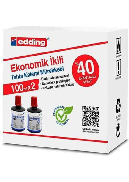 Edding IM-1199 100ML Yazı Tahtası Mürekkebi Kırmızı 2'li Paket