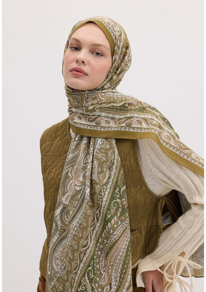 Etnıc Floral Desen Şal Zeytin Yeşili