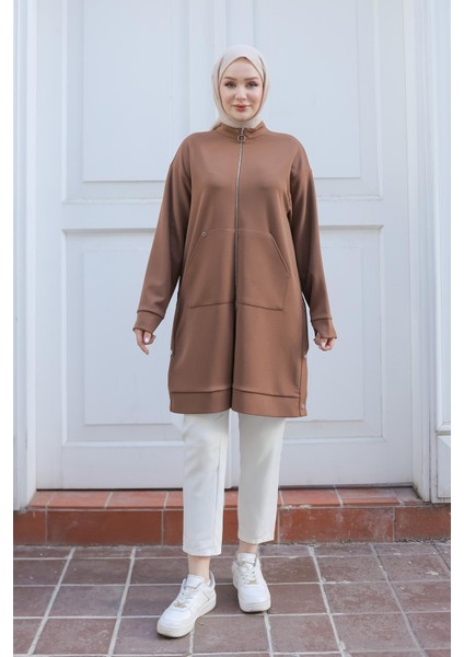 Boydan Fermuarlı Cepli Tunik Camel 24KT410