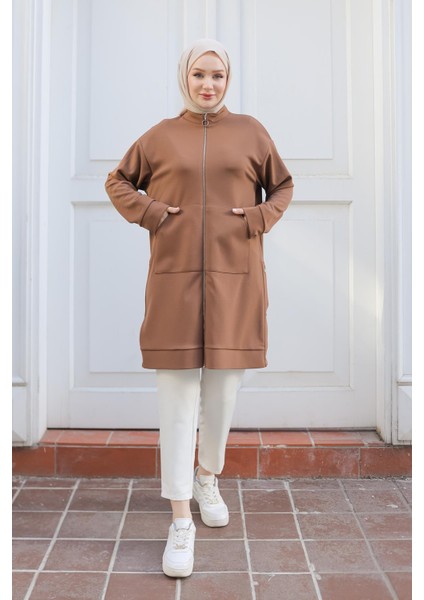 Boydan Fermuarlı Cepli Tunik Camel 24KT410
