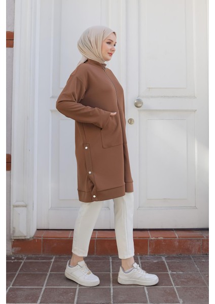 Boydan Fermuarlı Cepli Tunik Camel 24KT410
