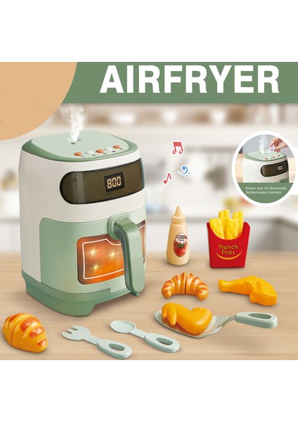 14 Parça Işıklı Müzikli Buharlı Oyuncak Airfryer ve Yemek Malzemeleri