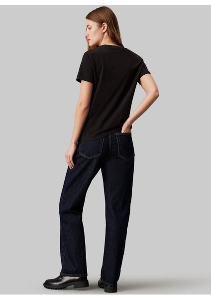 Yuvarlak Yaka Nakışlı Siyah Kadın T-Shirt Chenılle Monologo Regular Tee modelleri