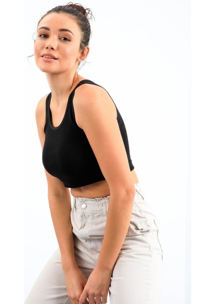 Siyah Basic Sıfır Kol Dar Kalıp U Yaka Kadın Crop Top Atlet - 97162