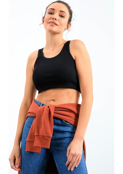 Lacivert Basic Sıfır Kol Dar Kalıp U Yaka Kadın Crop Top Atlet - 97160