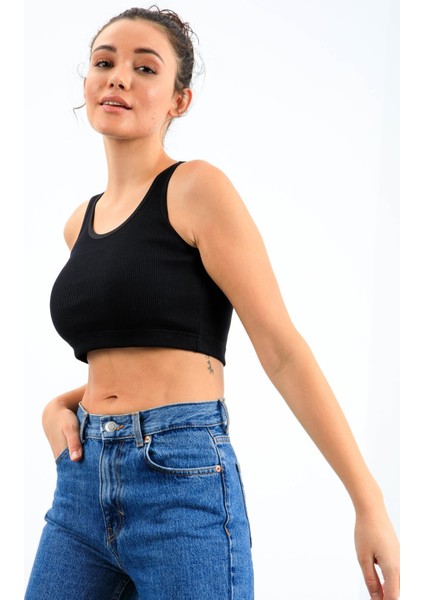Lacivert Basic Sıfır Kol Dar Kalıp U Yaka Kadın Crop Top Atlet - 97160