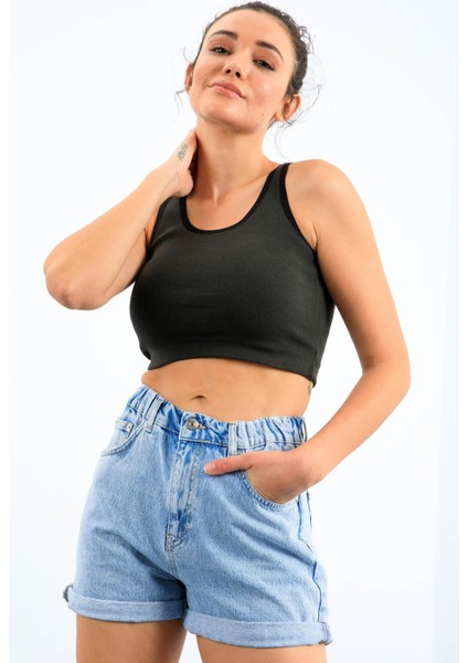 Haki Basic Sıfır Kol Dar Kalıp U Yaka Kadın Crop Top Atlet - 97162