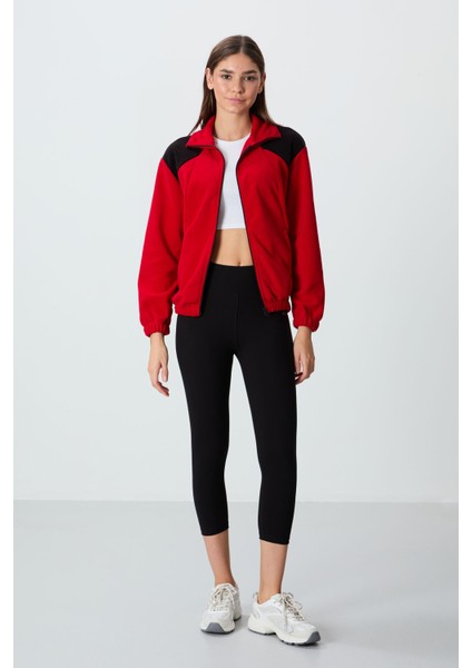 Kırmızı Kalın Yumuşak Dokulu Dik Yaka Oversize Nakışlı Polar Kadın Sweatshirt - 97293 fiyatları