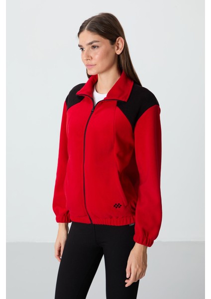 Kırmızı Kalın Yumuşak Dokulu Dik Yaka Oversize Nakışlı Polar Kadın Sweatshirt - 97293 modelleri