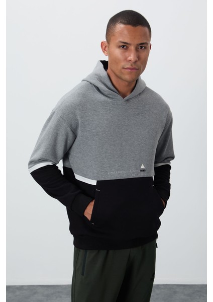 Gri Melanj Pamuklu Kalın Içi Tüylü Yumuşak Dokulu Comfort Fit Nakışlı Erkek Sweatshirt - 88417