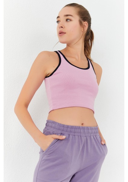 Pembe Basic Sıfır Kol Dar Kalıp U Yaka Kadın Crop Top Atlet - 97162