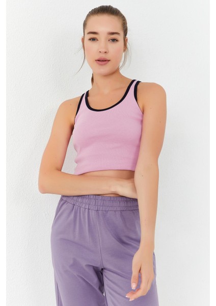 Pembe Basic Sıfır Kol Dar Kalıp U Yaka Kadın Crop Top Atlet - 97162