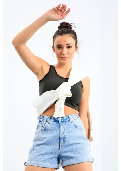 Haki Basic Sıfır Kol Dar Kalıp U Yaka Kadın Crop Top Atlet - 97162