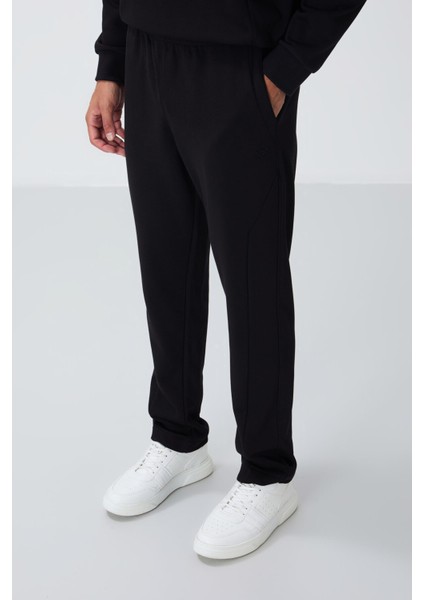 Siyah Kompakt Pamuklu Kalın Pürüzsüz Dokulu O Yaka Comfort Fit Erkek Eşofman Takım -85263