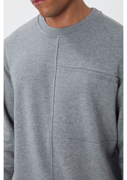 Gri Melanj Kompakt Pamuklu Kalın Pürüzsüz Dokulu O Yaka Standart Fit Erkek Sweatshirt -88405