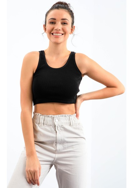 Siyah Basic Sıfır Kol Dar Kalıp U Yaka Kadın Crop Top Atlet - 97162