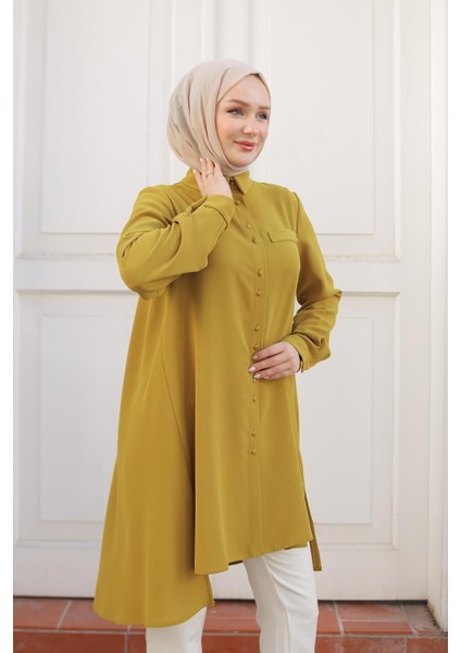 Gömlek Yaka Düğmeli Tunik-Hardal 24KT444