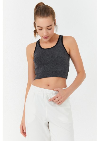 Antrasit Melanj Basic Sıfır Kol Dar Kalıp U Yaka Kadın Crop Top Atlet - 97162