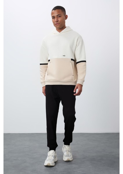 Ekru Pamuklu Kalın Içi Tüylü Yumuşak Dokulu Comfort Fit Nakışlı Erkek Sweatshirt - 88417