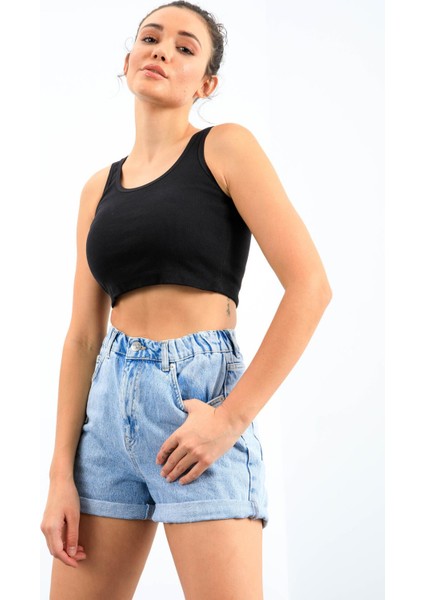 Lacivert Basic Sıfır Kol Dar Kalıp U Yaka Kadın Crop Top Atlet - 97162