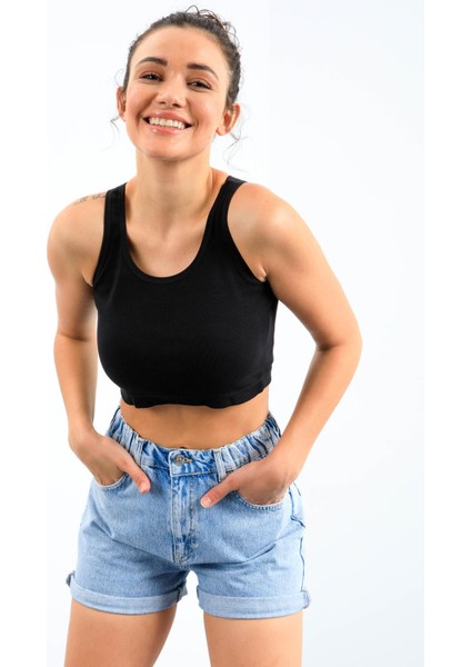 Lacivert Basic Sıfır Kol Dar Kalıp U Yaka Kadın Crop Top Atlet - 97162