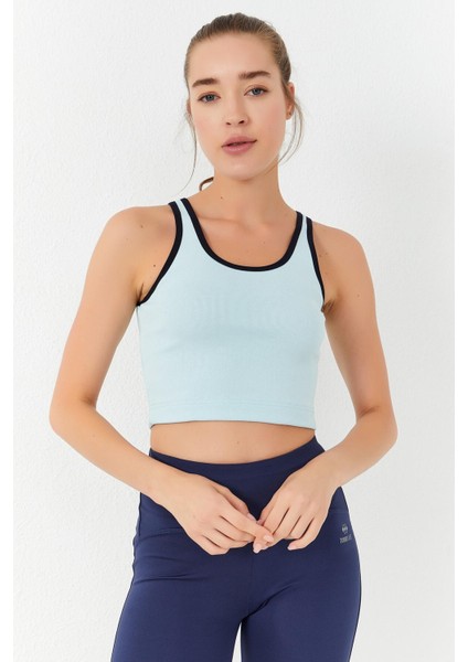 Gök Mavi Basic Sıfır Kol Dar Kalıp U Yaka Kadın Crop Top Atlet - 97162