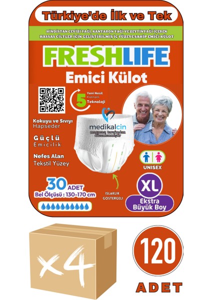 Külotlu Hasta Bezi Yetişkin Emici Külotlu Bez Xl (Extra Büyük Boy) 120 Adet 4 Paket