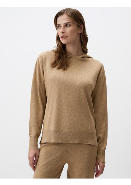 Bej Melanj Uzun Kollu Kapüşonlu Triko Sweatshirt