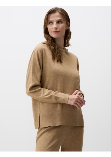 Bej Melanj Uzun Kollu Kapüşonlu Triko Sweatshirt