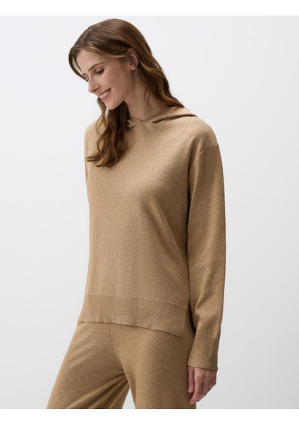 Bej Melanj Uzun Kollu Kapüşonlu Triko Sweatshirt