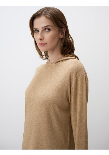 Bej Melanj Uzun Kollu Kapüşonlu Triko Sweatshirt