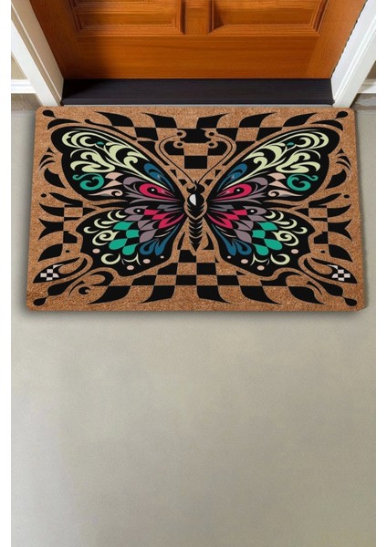 Damalı Kelebek Desenli Hoş Geldiniz Kapı Önü Paspası 45X70CM