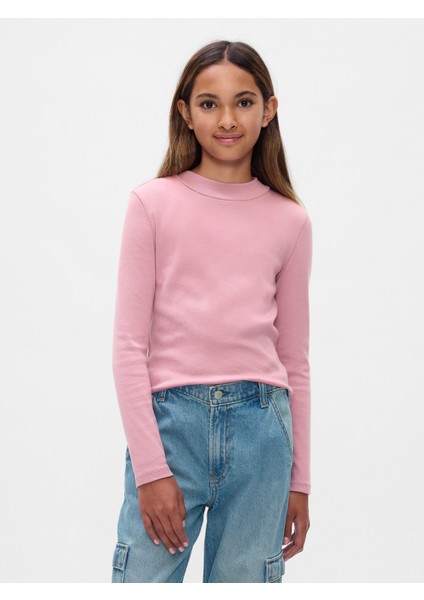 Kız Çocuk Pembe Fitilli Mockneck Yaka T-Shirt