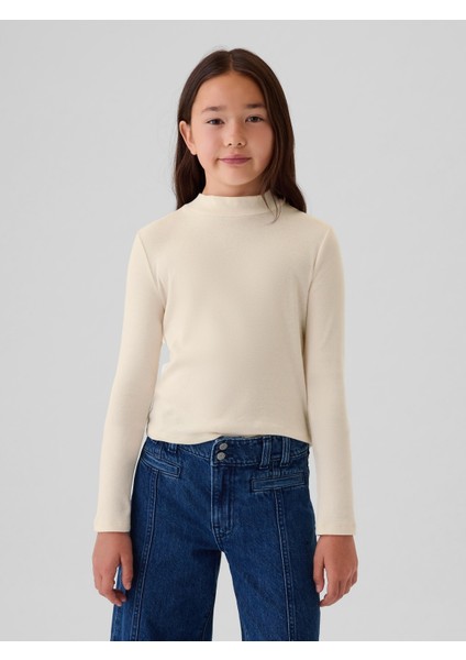Kız Çocuk Kırık Beyaz Fitilli Mockneck Yaka T-Shirt