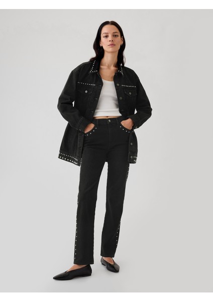 Kadın Siyah High Rise Studded '90S Straight Jean Pantolon