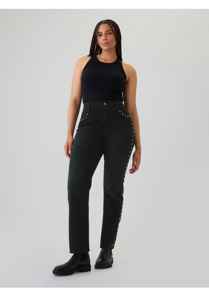 Kadın Siyah High Rise Studded '90S Straight Jean Pantolon