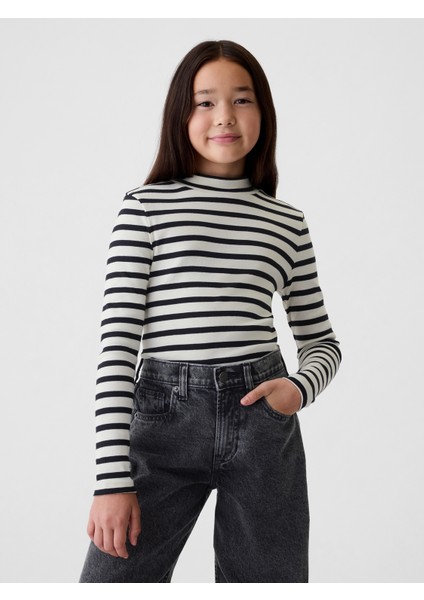 Kız Çocuk Lacivert Fitilli Mockneck Yaka T-Shirt