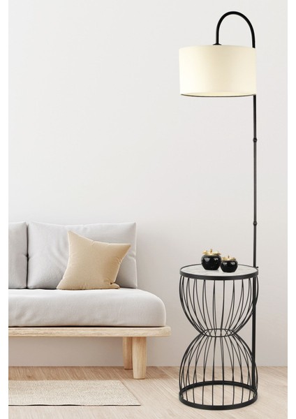 Venezia Sehpa Lambader Siyah Mermer Ahşap Krem Şapka