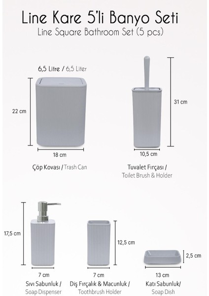 Line 5 Parça Kare Banyo Seti - Çöp Kovası Wc Fırçası Sıvı-Katı Sabunluk Diş Fırçası